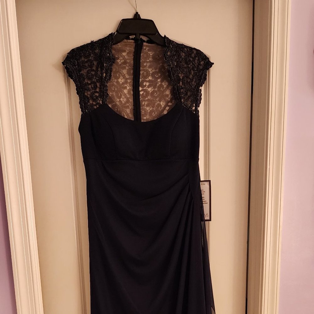 Formal navy blue floor length gown by Xscape